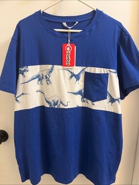 PatPat Royal Blue & White Dinosaur Stripe Pocket Tee